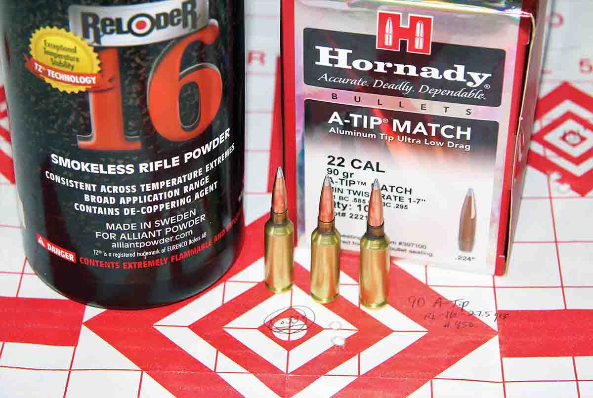 Hornady’s 90-grain A-Tip Match created a .33-inch group when fueled by 27.5 grains of Alliant Reloder 16 powder and leaving the muzzle at 2,747 fps.